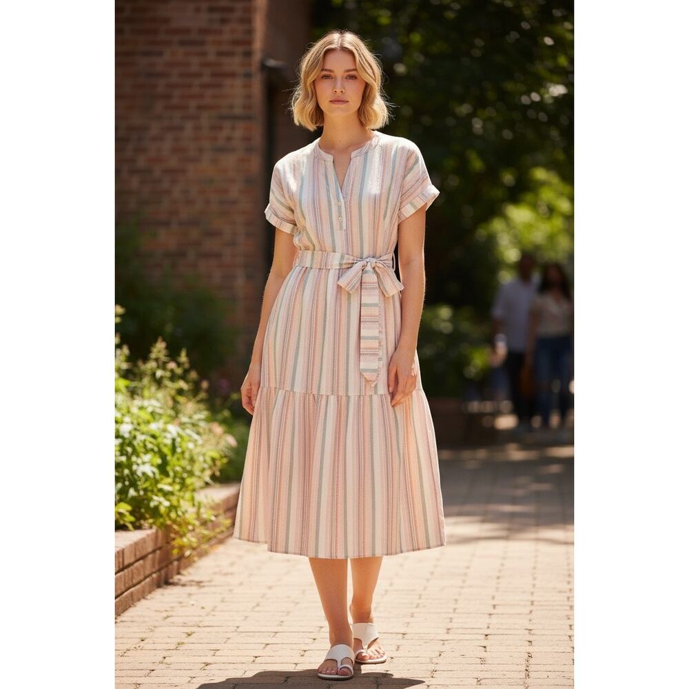 GAP Linen Cotton Ruffle Midi Dress in MULTI STRIPED 10 Cottagecore‎ normcore